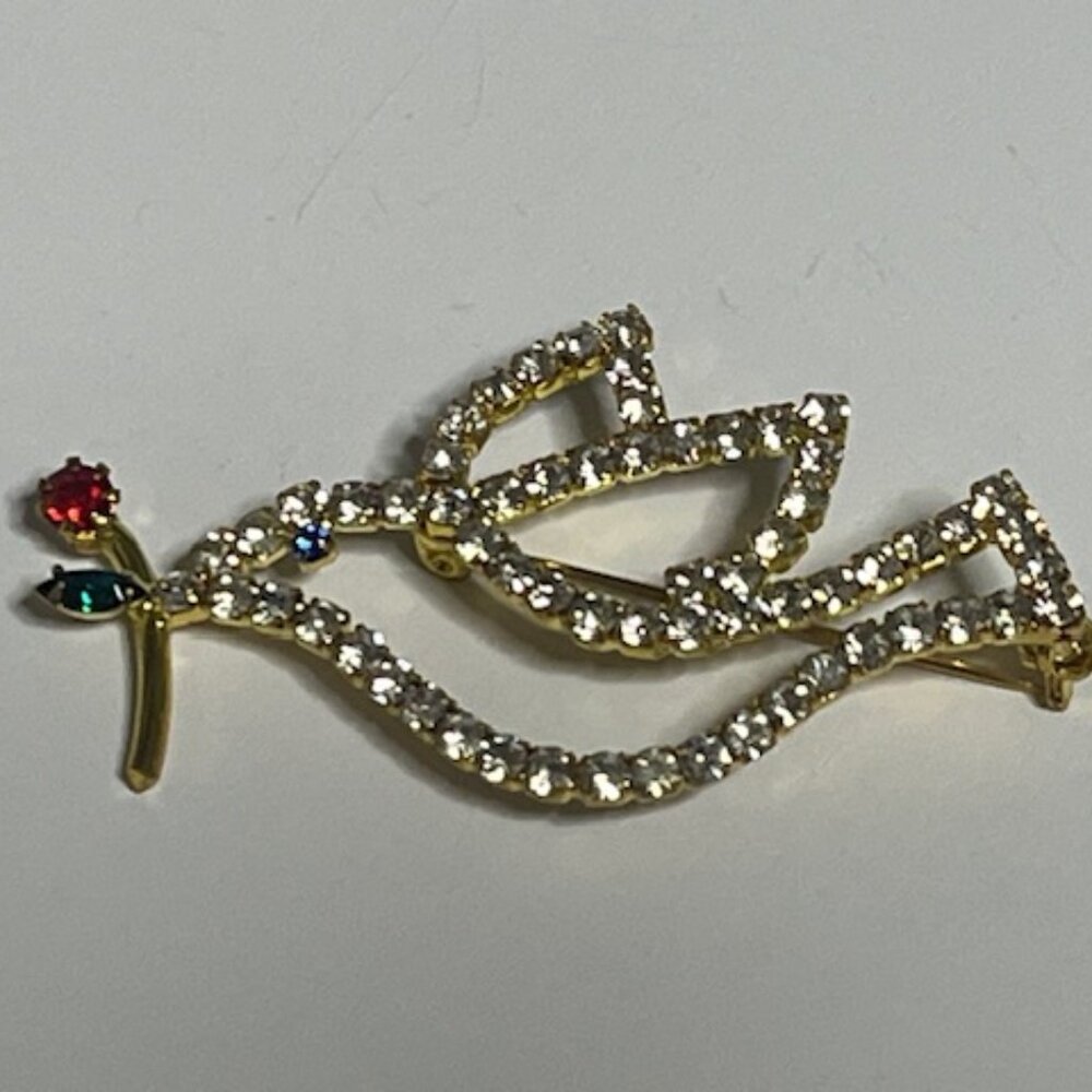 VTG Rhinestone Crystals Christmas Peace Dove Red Rose Brooch Pin 2.25"